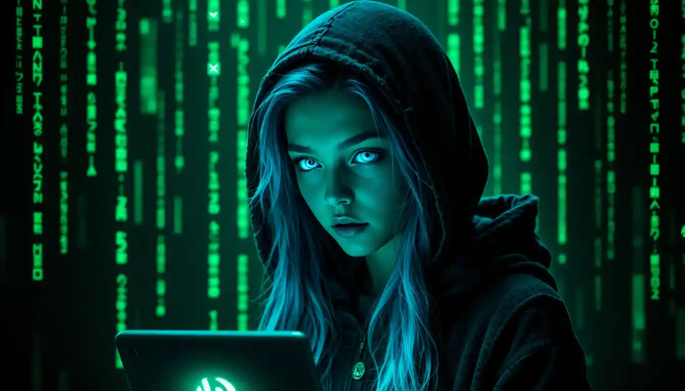 Vermummter Elfen-Hacker mit leuchtend blauen Augen im Cyberspace