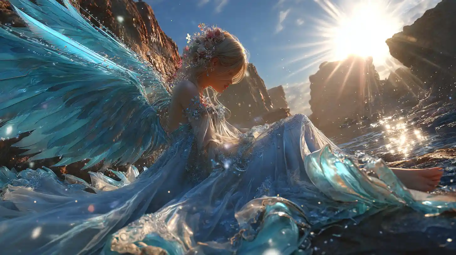 Ethereal angel reclining on a rocky shore at sunset