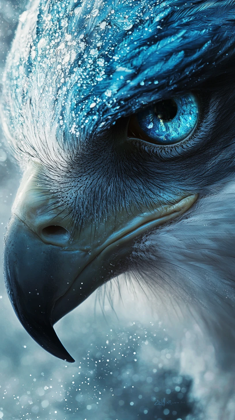 Rostro surreal de águila con ojos profundos entre gotas centelleantes