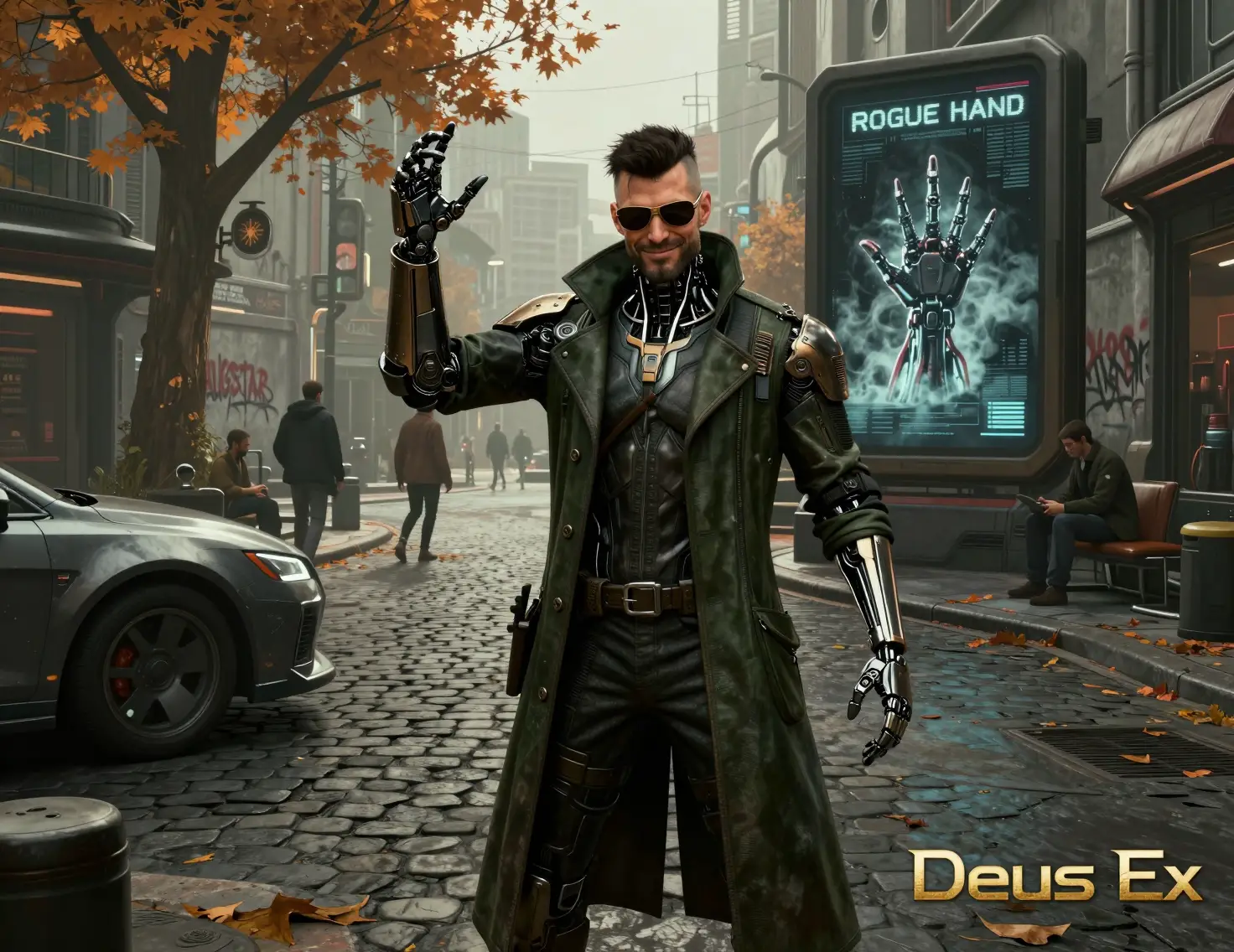 Erweiterter Cyberpunk-Detektiv posiert auf futuristischer Stadtstraße