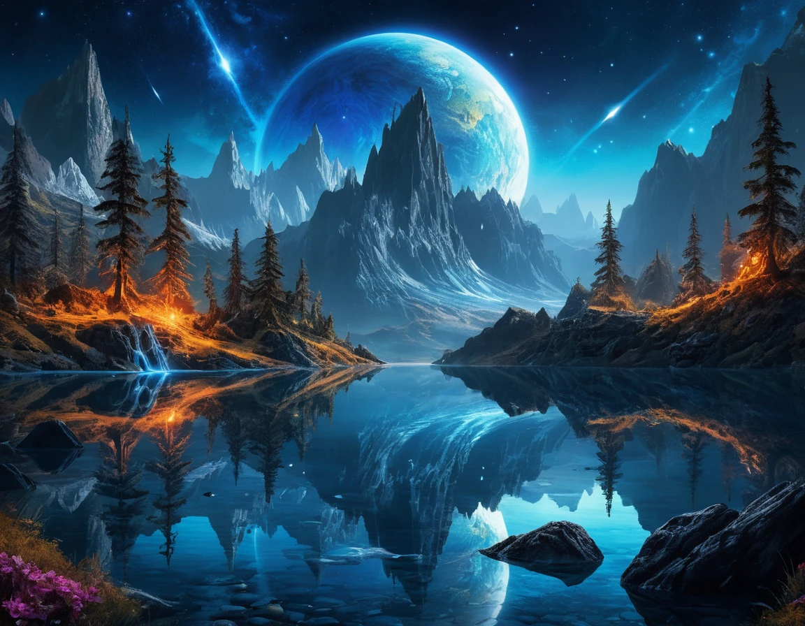 Magischer blauer Planet über gezackten Bergen und ruhigem See