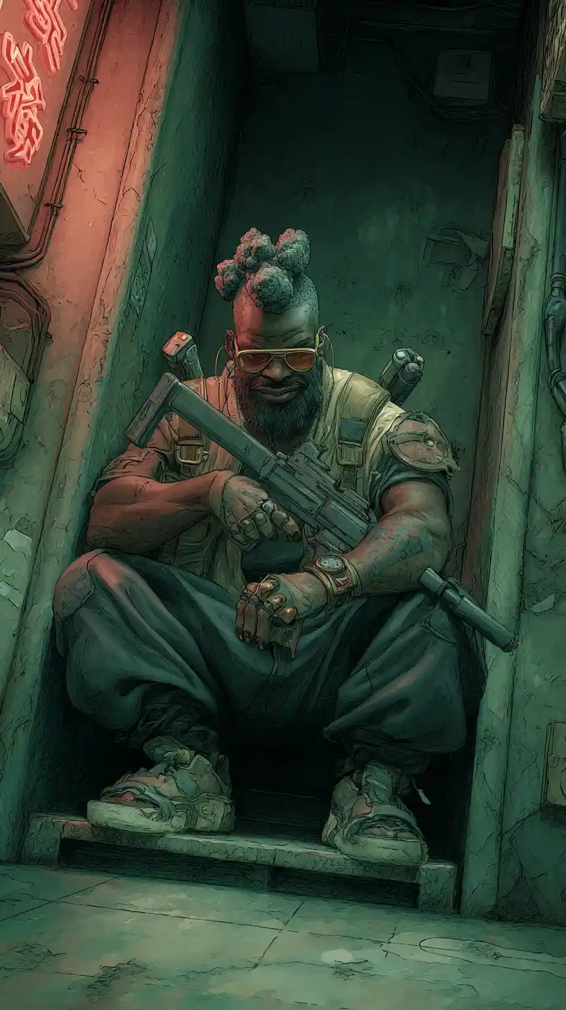 Gangster afrofuturiste lançant un coup de poing soudain dans une ruelle mouillée
