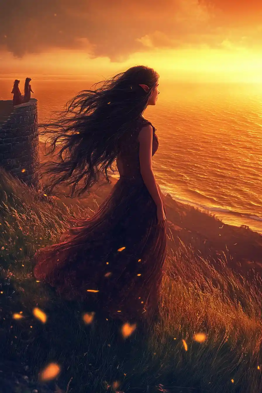 Elf woman on a high tower above a distant sunset sea