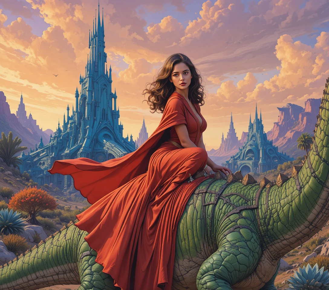 Woman riding dinosaur in retro sci fi alien landscape