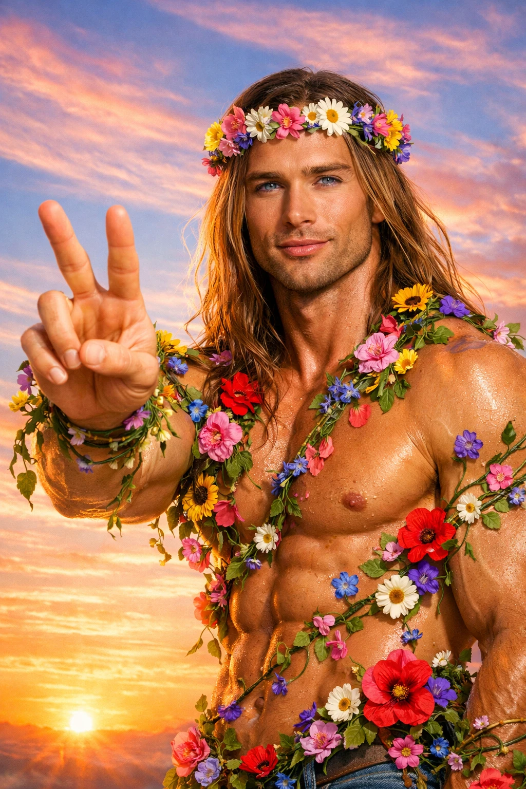 Flower covered hippy man making a dreamy peace sign