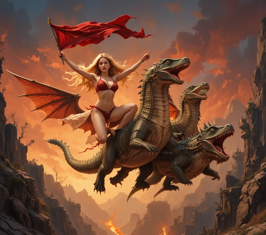 Heroic couple leaping across a fiery hellish chasm