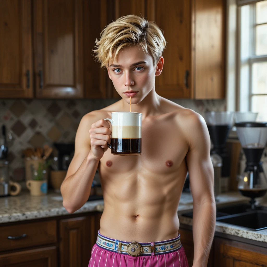 Joven con pantalones a rayas bebiendo café en casa