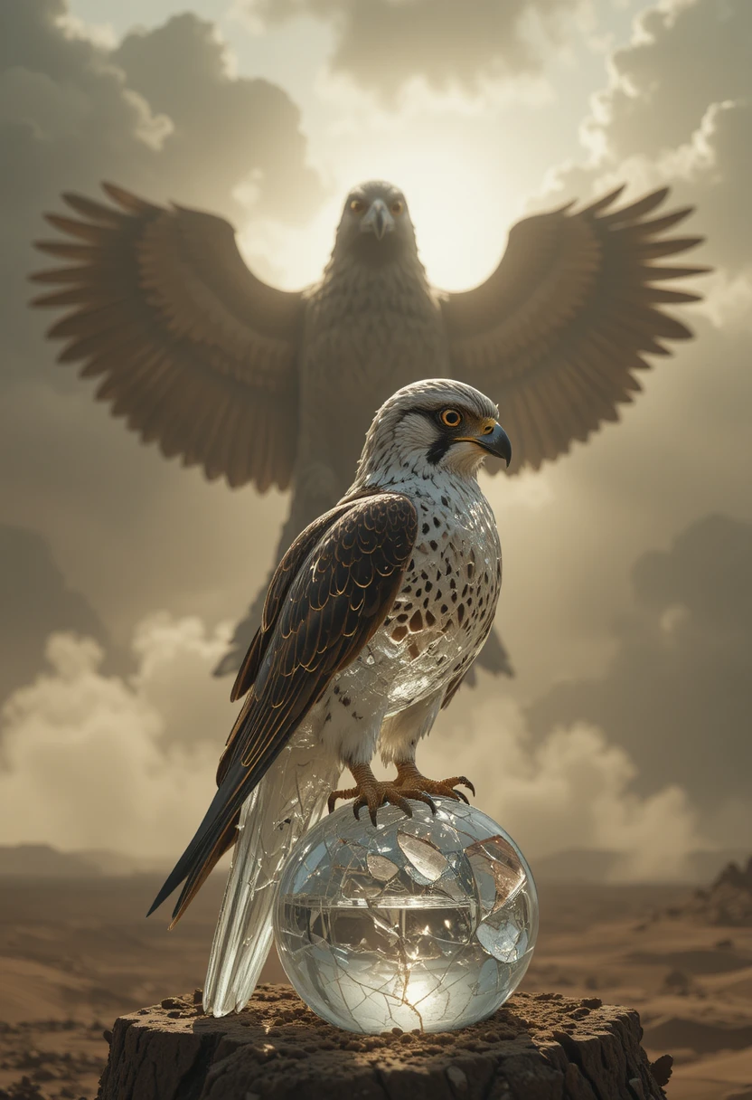Glass falcon under looming eagle shadow in desert storm