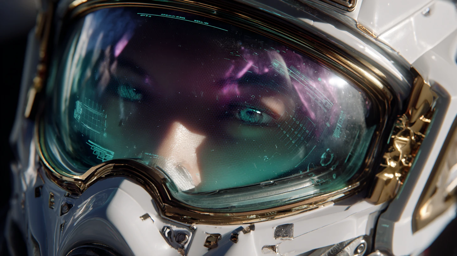 Gros plan extrême sur un casque de pilote futuriste avec HUD holographique
