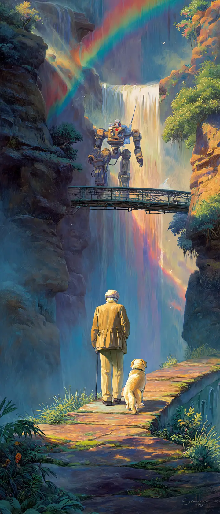 旅人在迷霧瀑布橋上與忠誠動物重逢