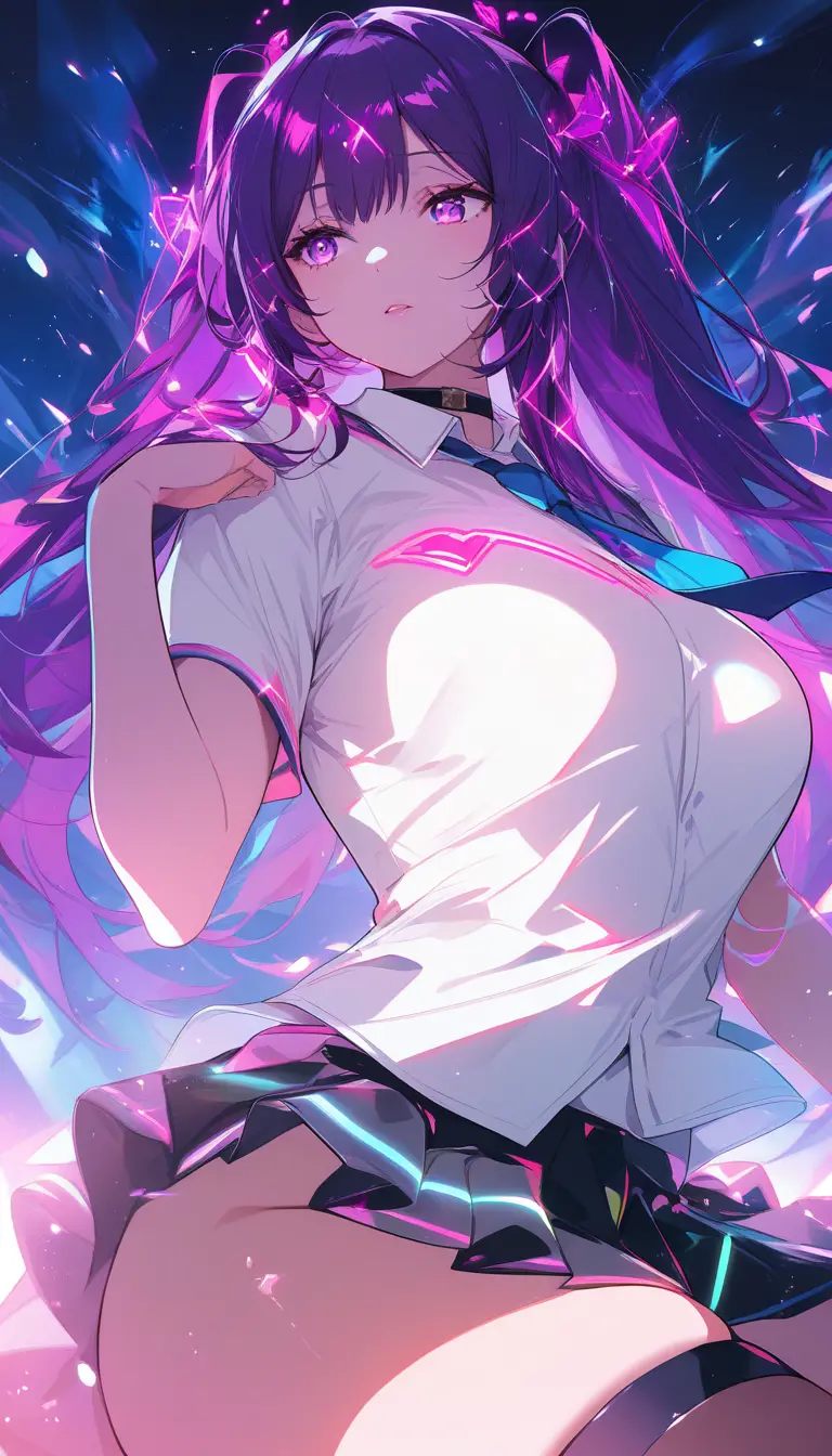 Anime-Schülerin mit kurviger Figur in Low-Angle-Pose