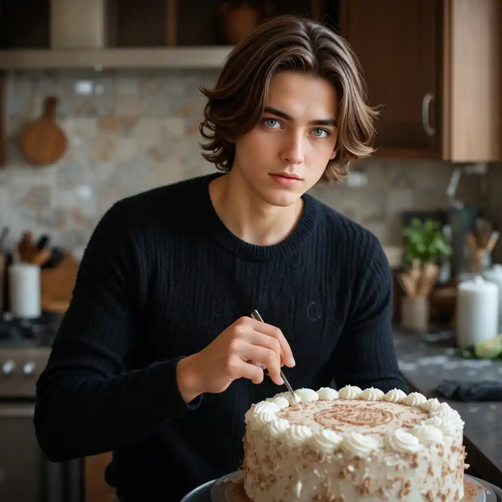 Young man decorating a cake in a modern kitchen