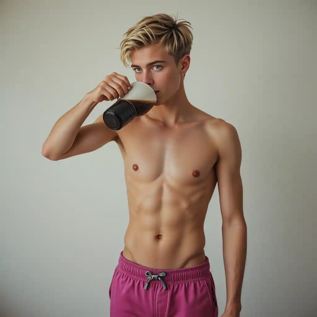 Young man in striped pants drinking coffee at home