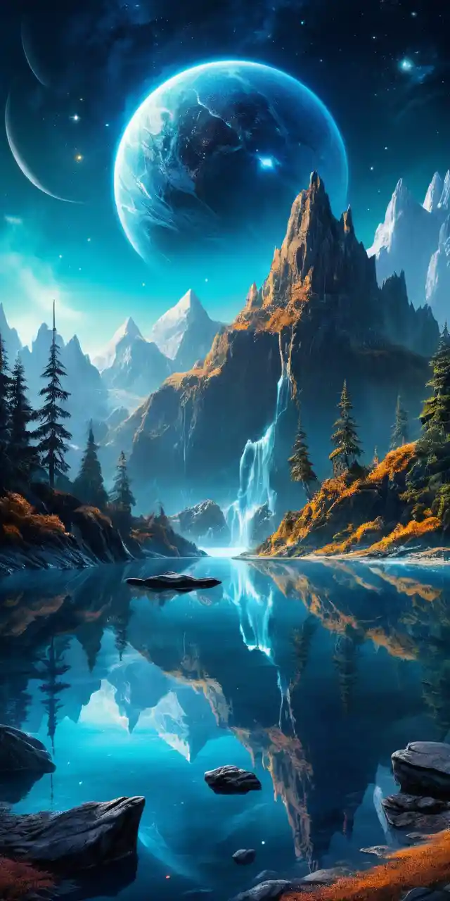 Montanhas fantásticas e planeta azul brilhante sobre lago tranquilo