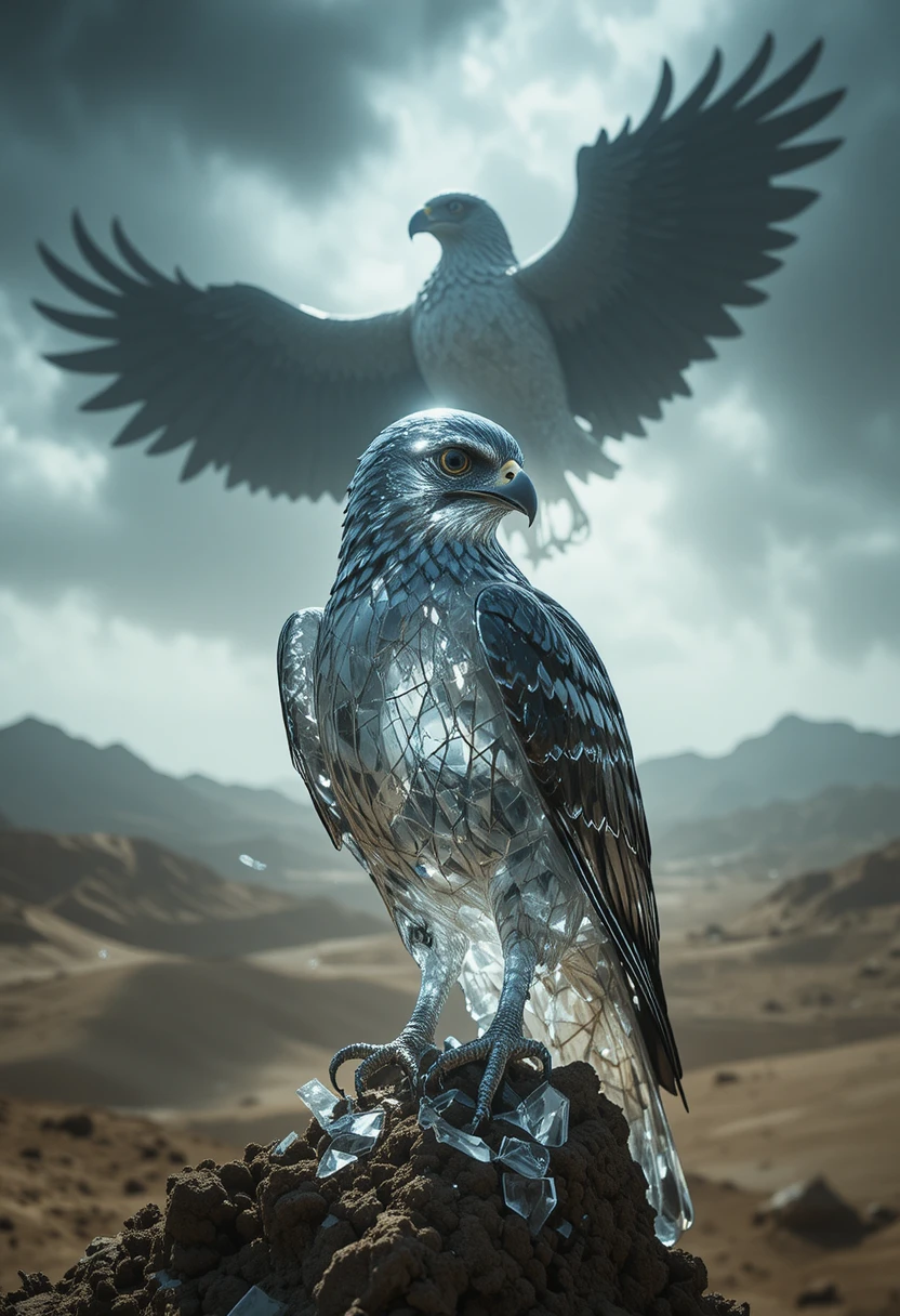 Glass falcon under looming eagle shadow in desert storm
