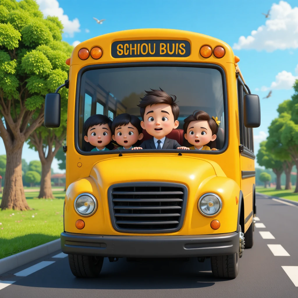 Bus scolaire jaune avec des enfants de maternelle chantant sur une route ensoleillée
