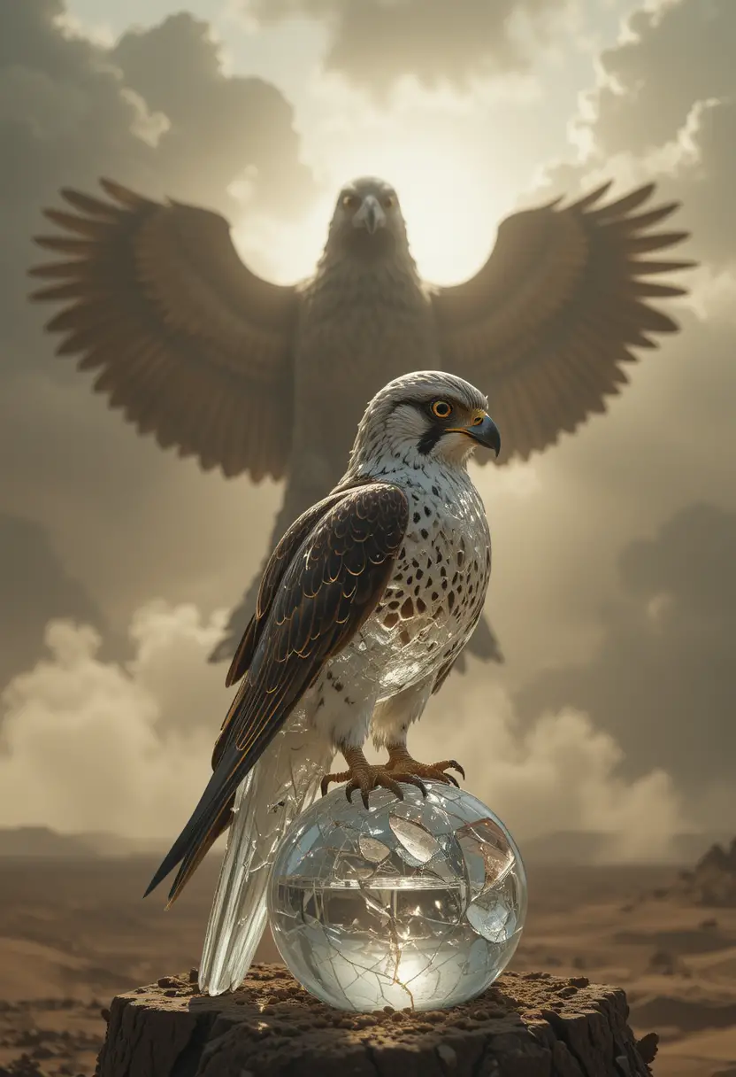 Glass falcon under looming eagle shadow in desert storm