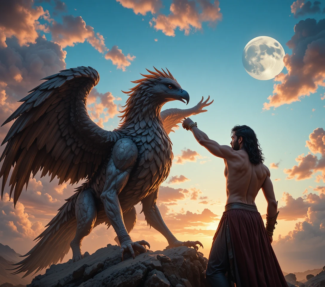 Guerreiro enfrentando um majestoso grifo ao pôr do sol
