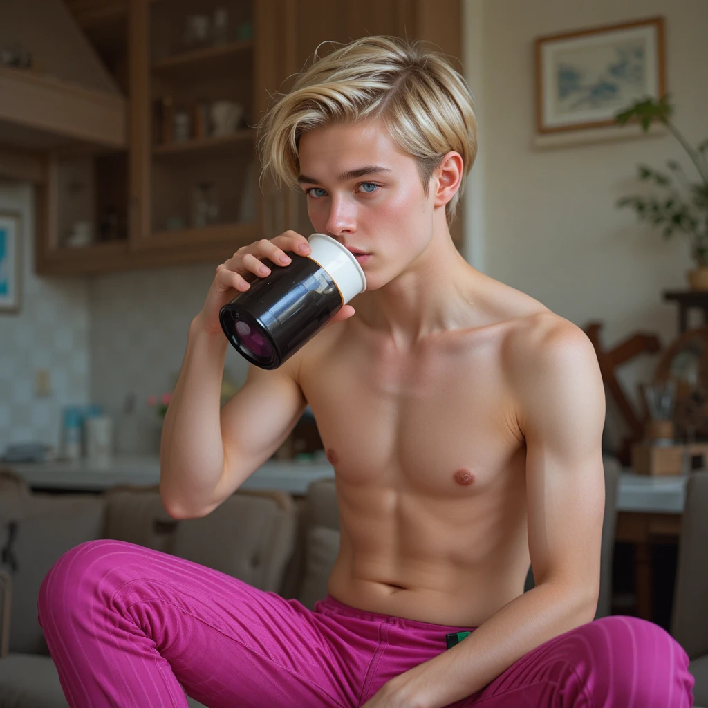 Young man in striped pants drinking from coffee maker