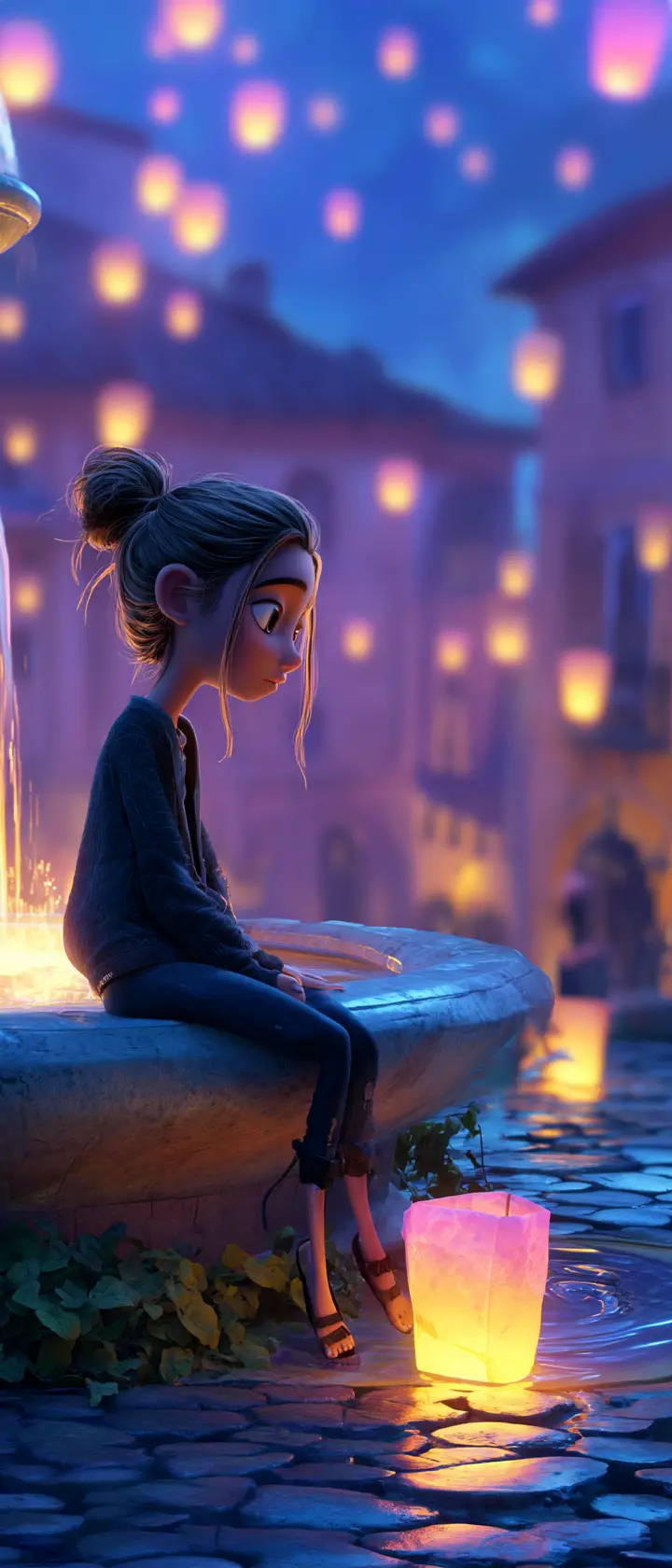 Teenage girl by glowing fountain in quiet village square