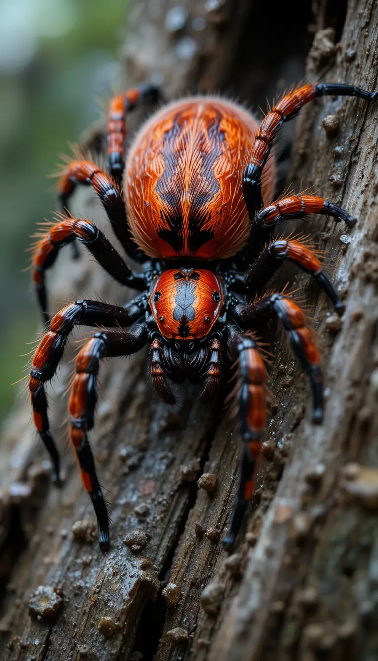 Metallic red spider on wet oak tree branch