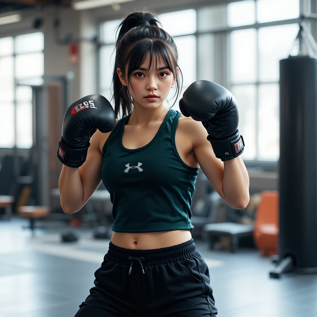 暗いワークアウトウェアを着てジムでボクシングをする若い女性