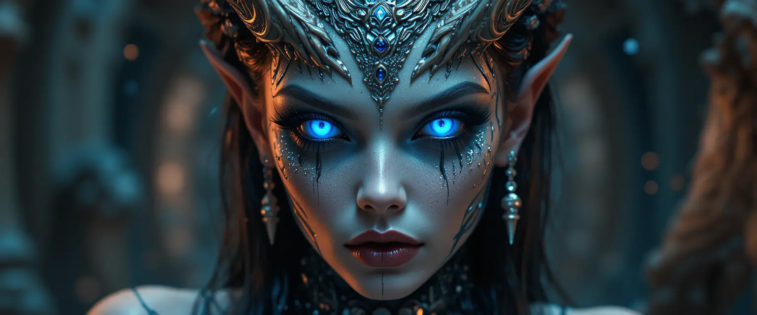 Cinematic portrait of a silver fantasy woman with glowing blue details