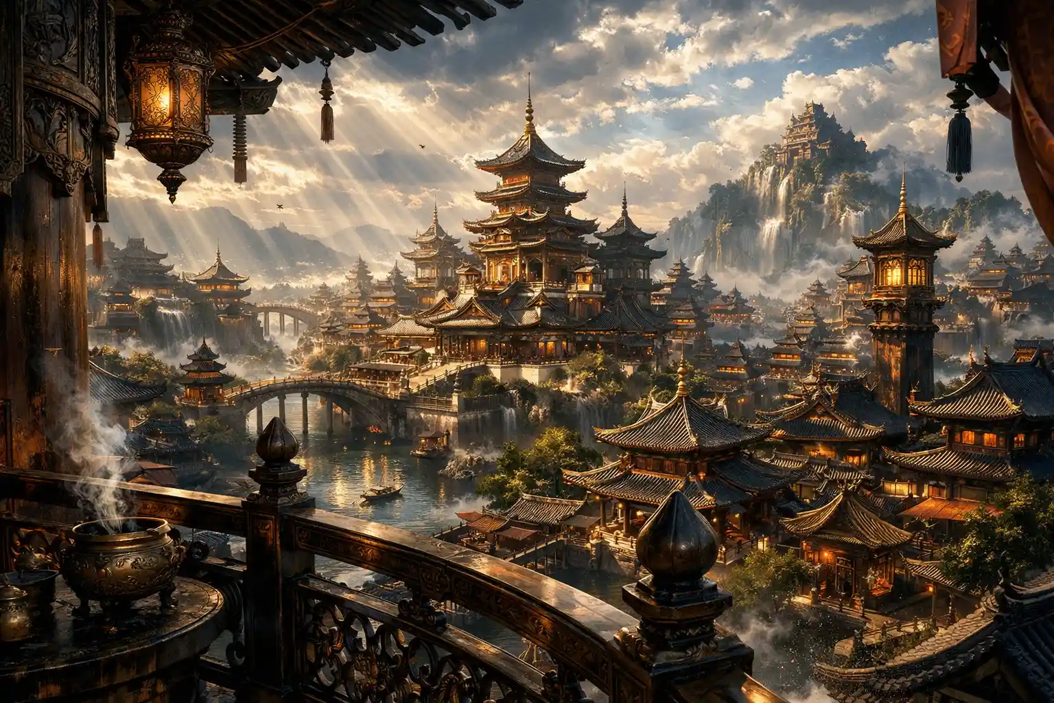 Ciudad de fantasía surreal vista desde la torre más alta