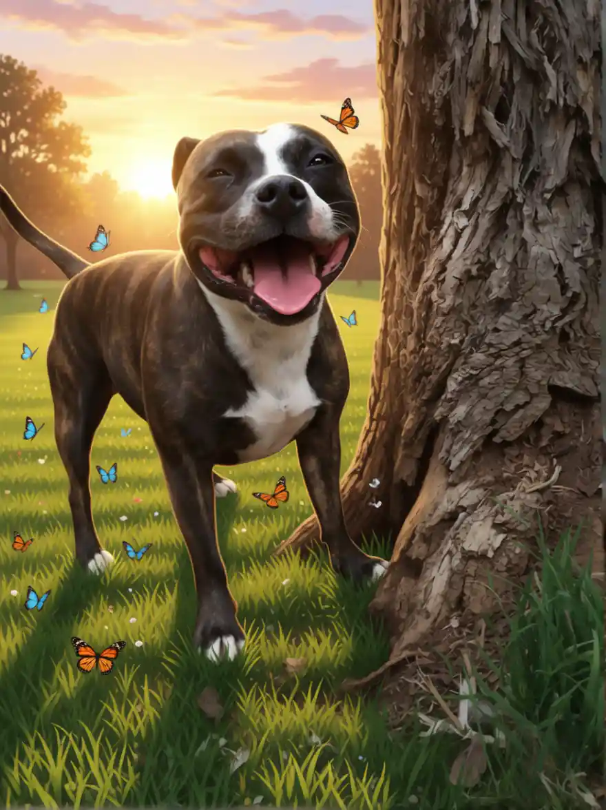 Cão staffy tigrado e branco ao nascer do sol em um parque