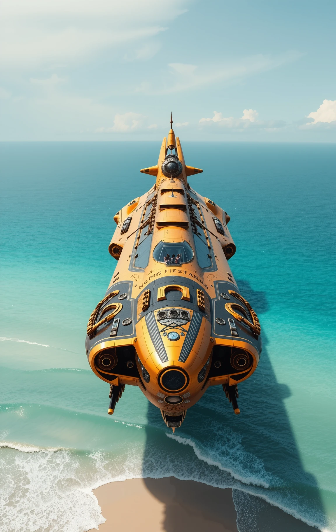 Futuristic Golden Spaceship Hovering Above Sunny Miami Beach