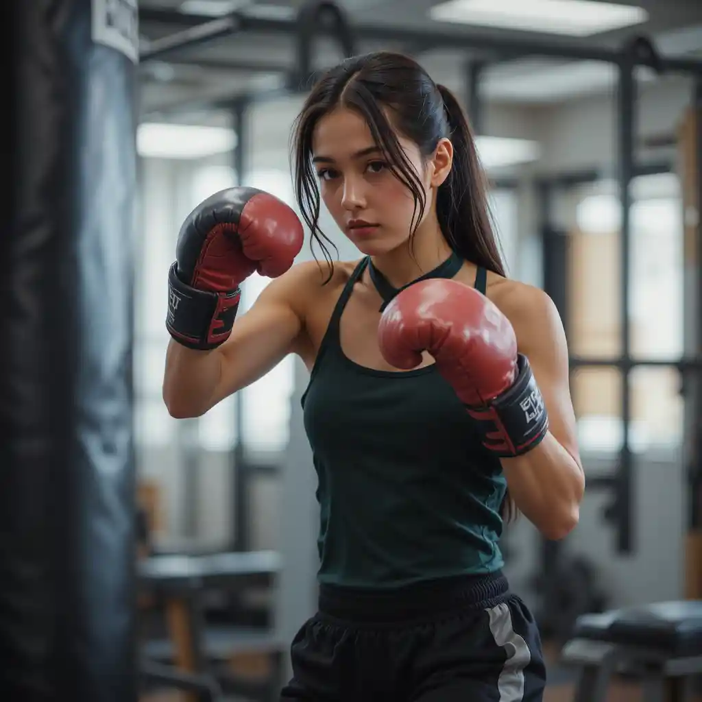 Young girl boxing workout in a gym interior