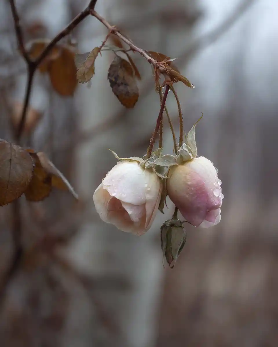 Rosas de inverno cor‑de‑rosa florescendo em um jardim silencioso