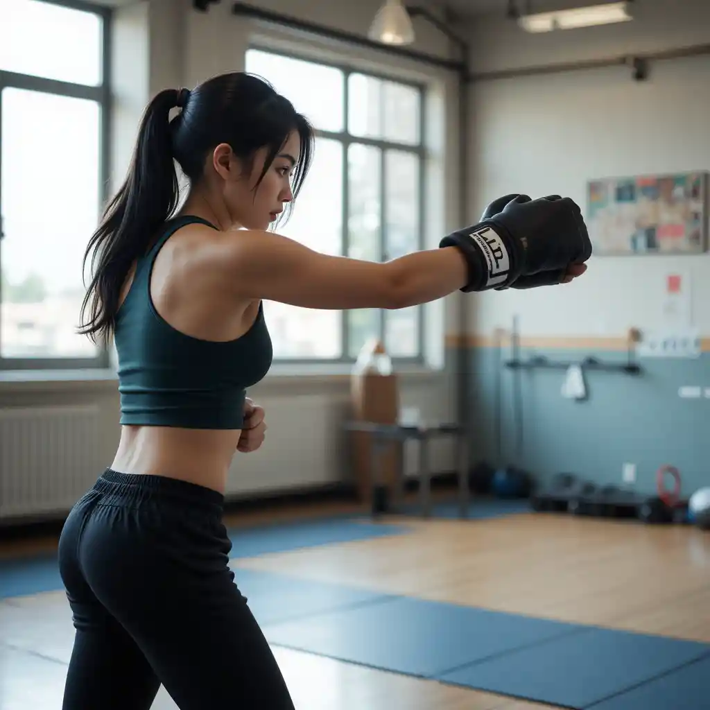 Jeune femme faisant de la boxe dans une salle de sport en tenue d’entraînement sombre