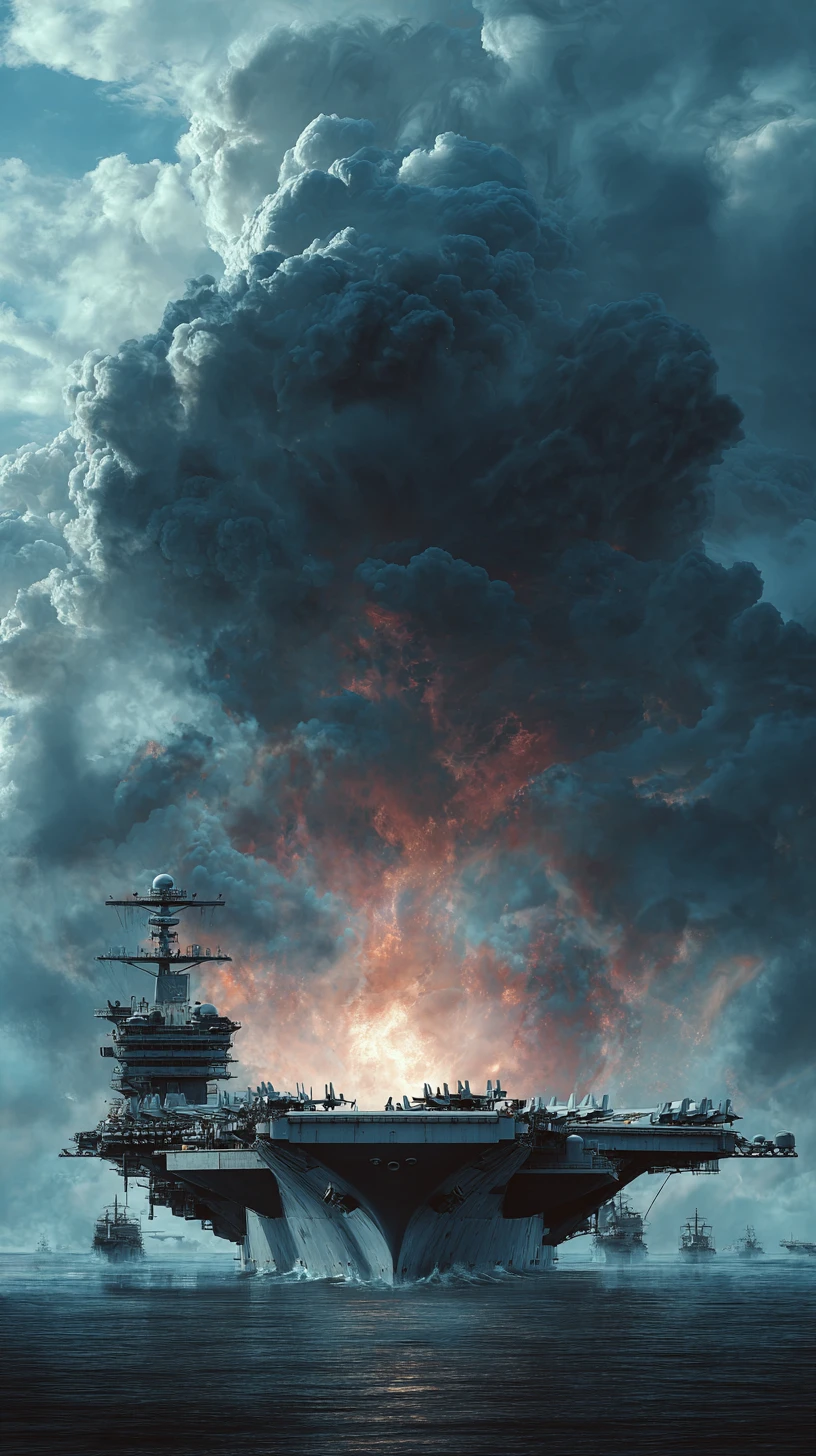 Visão cinematográfica de um porta-aviões dos EUA no mar