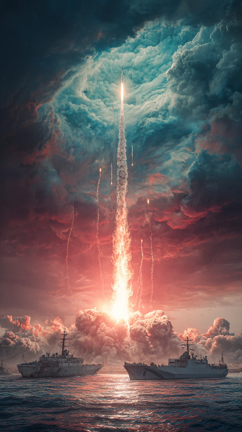 Multiple missiles launch dramatically into the dark sky