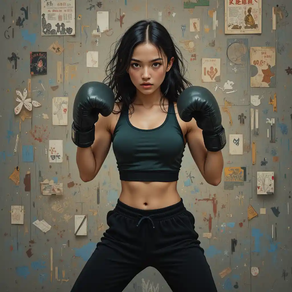 Jeune femme faisant de la boxe en haut vert foncé et pantalon de survêtement