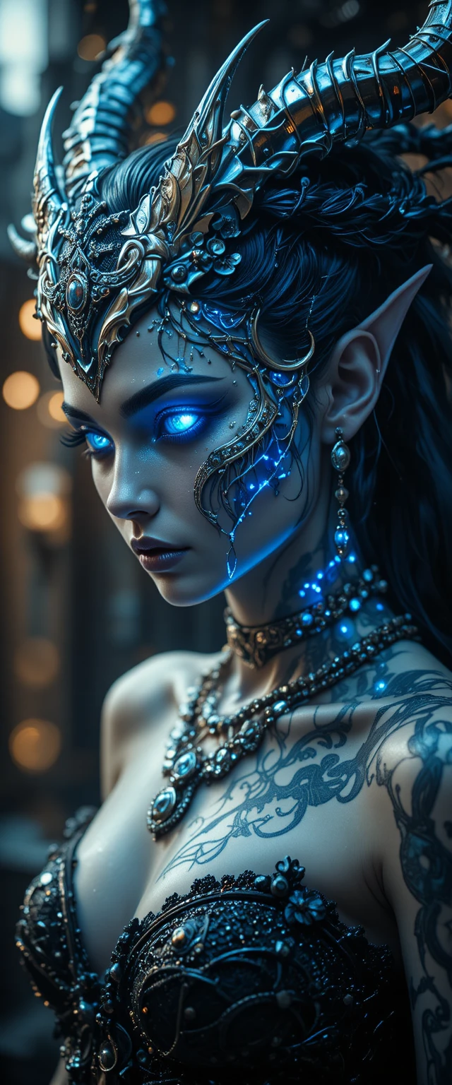 Cinematic portrait of a silver female demon sculpture