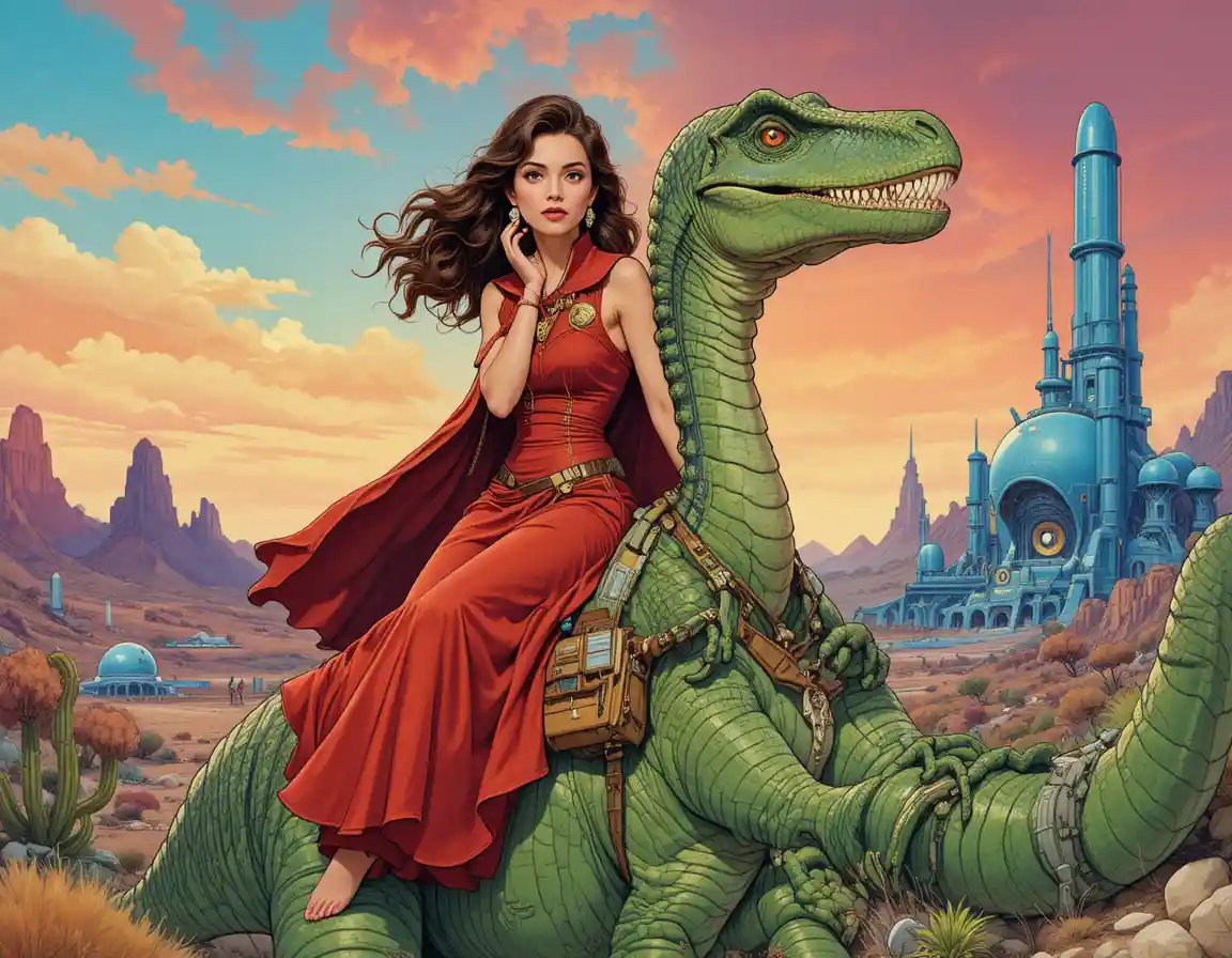 Caucasian woman riding green dinosaur in alien world