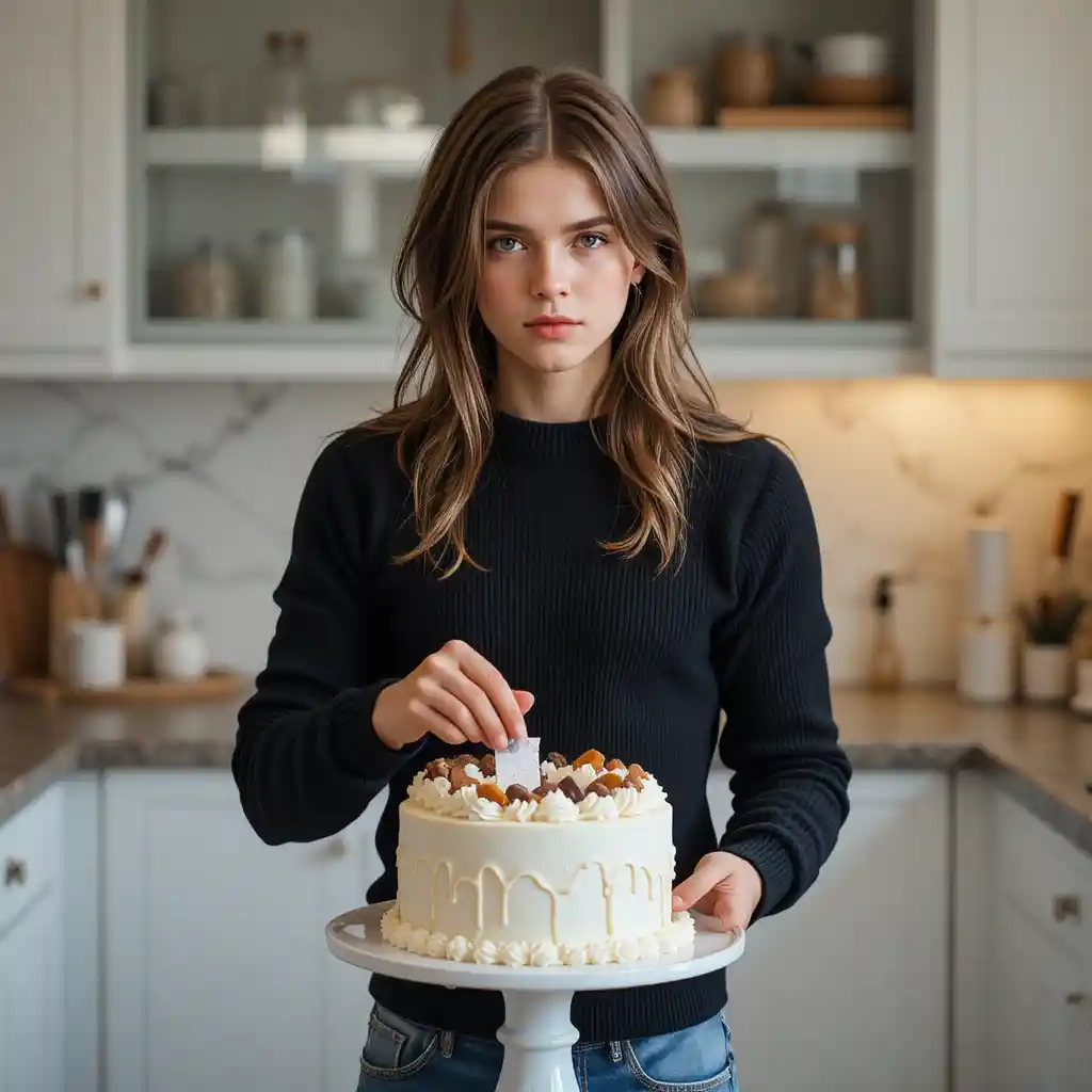 Young man decorating a cake in a modern kitchen