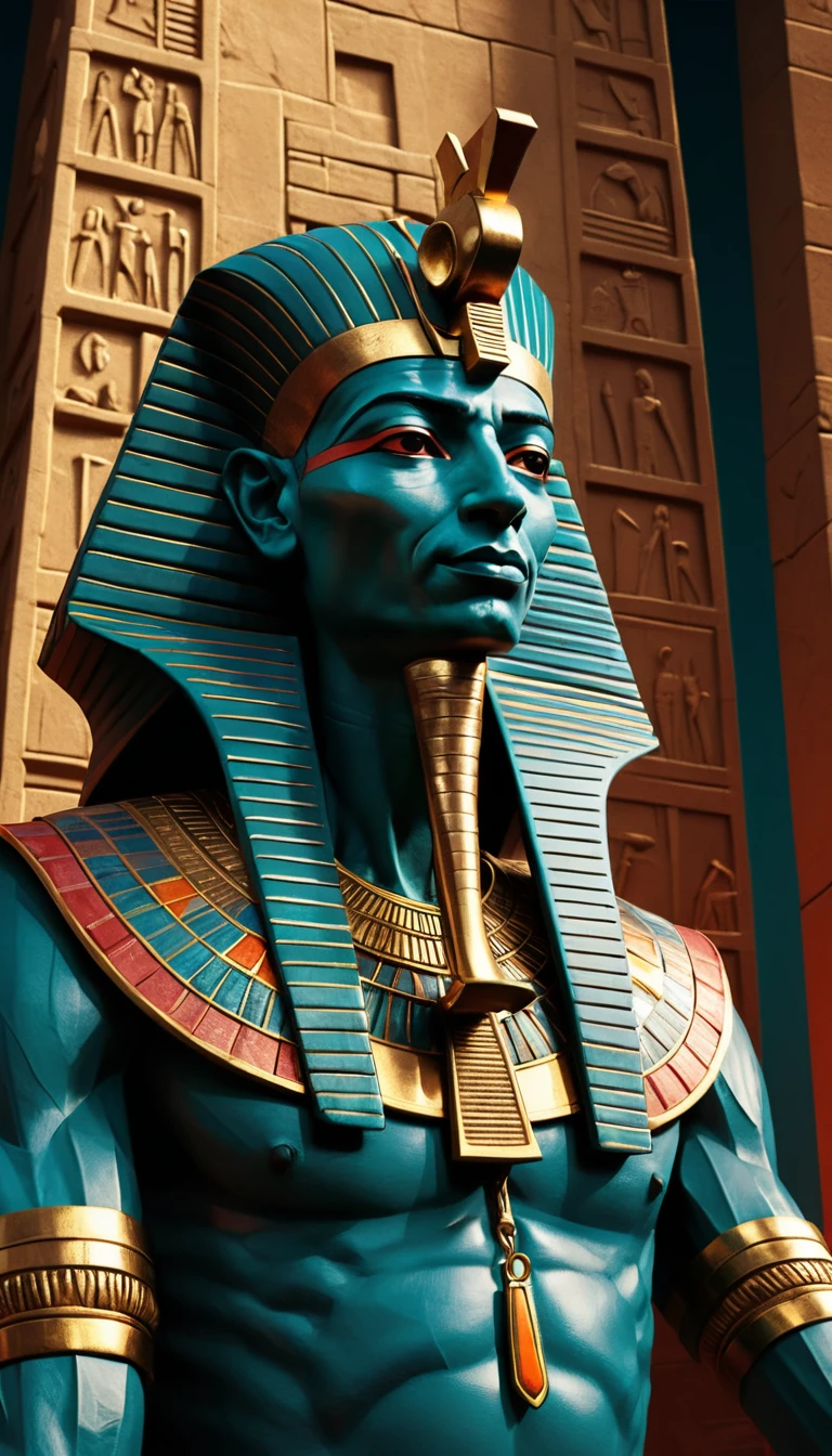Tall Egyptian pharaoh celebrating inside a treasure filled pyramid