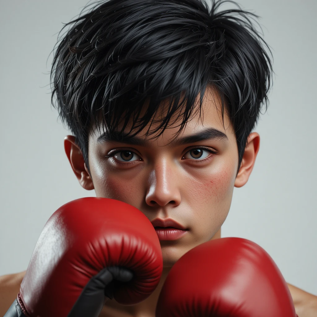 Giovane uomo dai capelli scuri che si allena nella boxe