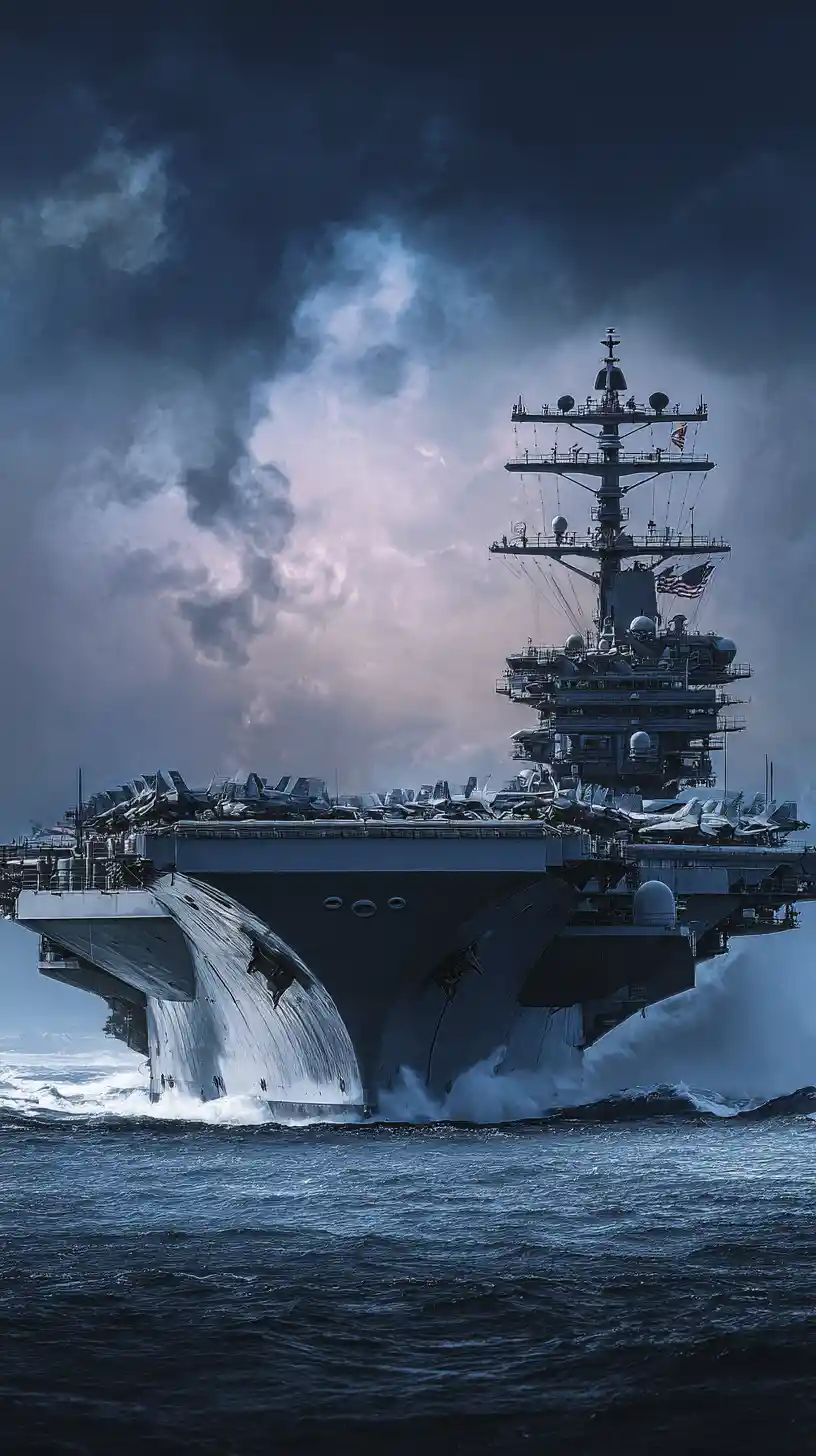 US aircraft carrier at sea under the American flag