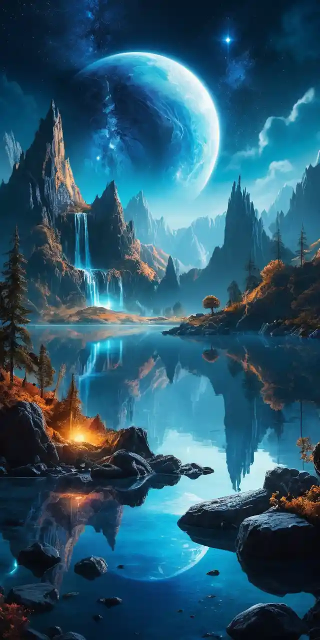 Magical blue planet above spiky mountains and still lake