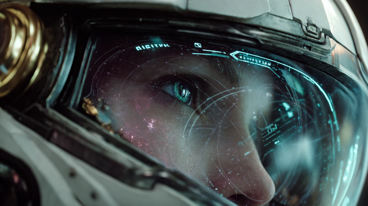 Primissimo piano di casco da pilota futuristico con HUD olografico