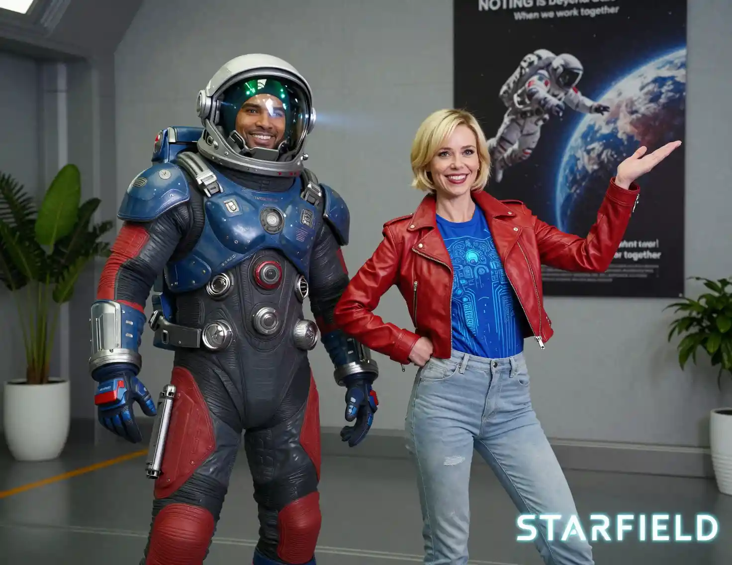 Astronauta sorridente e mulher posando em interior futurista