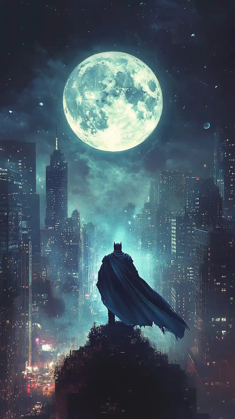 Herói solitário de capa sobre uma cidade iluminada pela lua