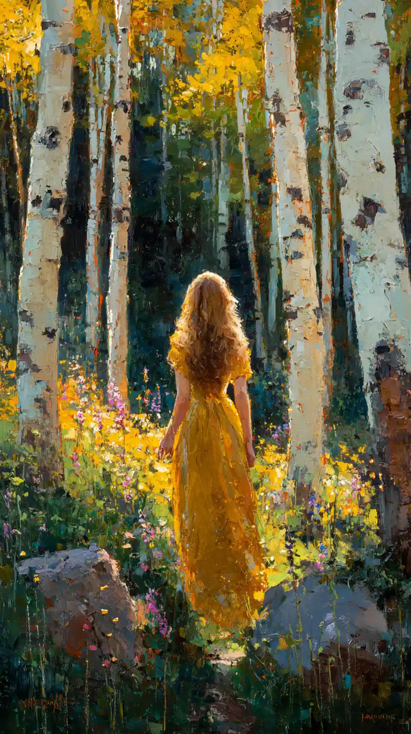 Donna dai capelli dorati in abito giallo in una foresta illuminata dal sole