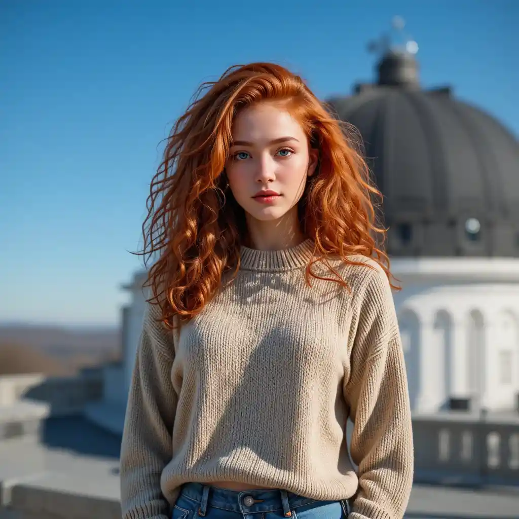 Red haired girl at a Yale observatory balcony view