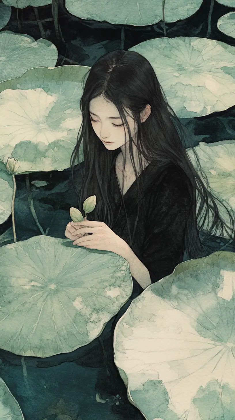 寧靜睡蓮池中的年輕女子水彩場景