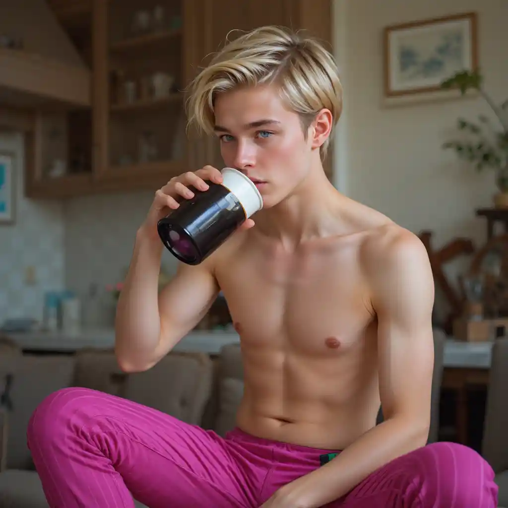 Jeune homme en pantalon rayé buvant à la cafetière